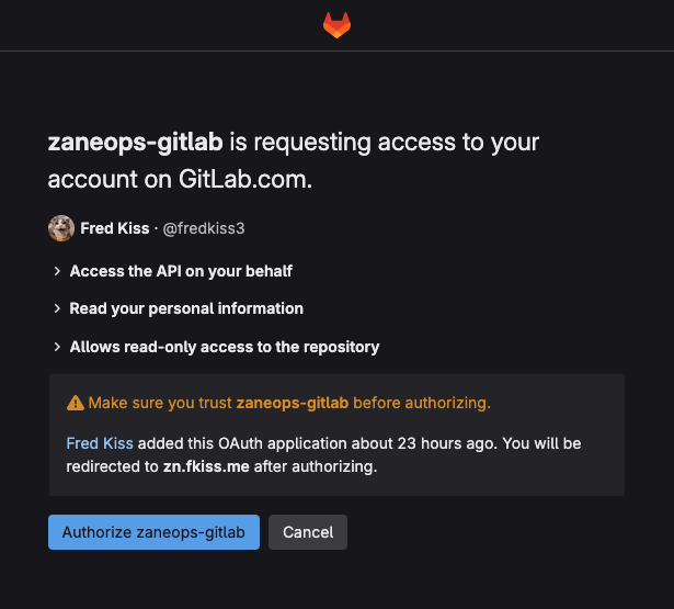 Authorize gitlab app on gitlab.com