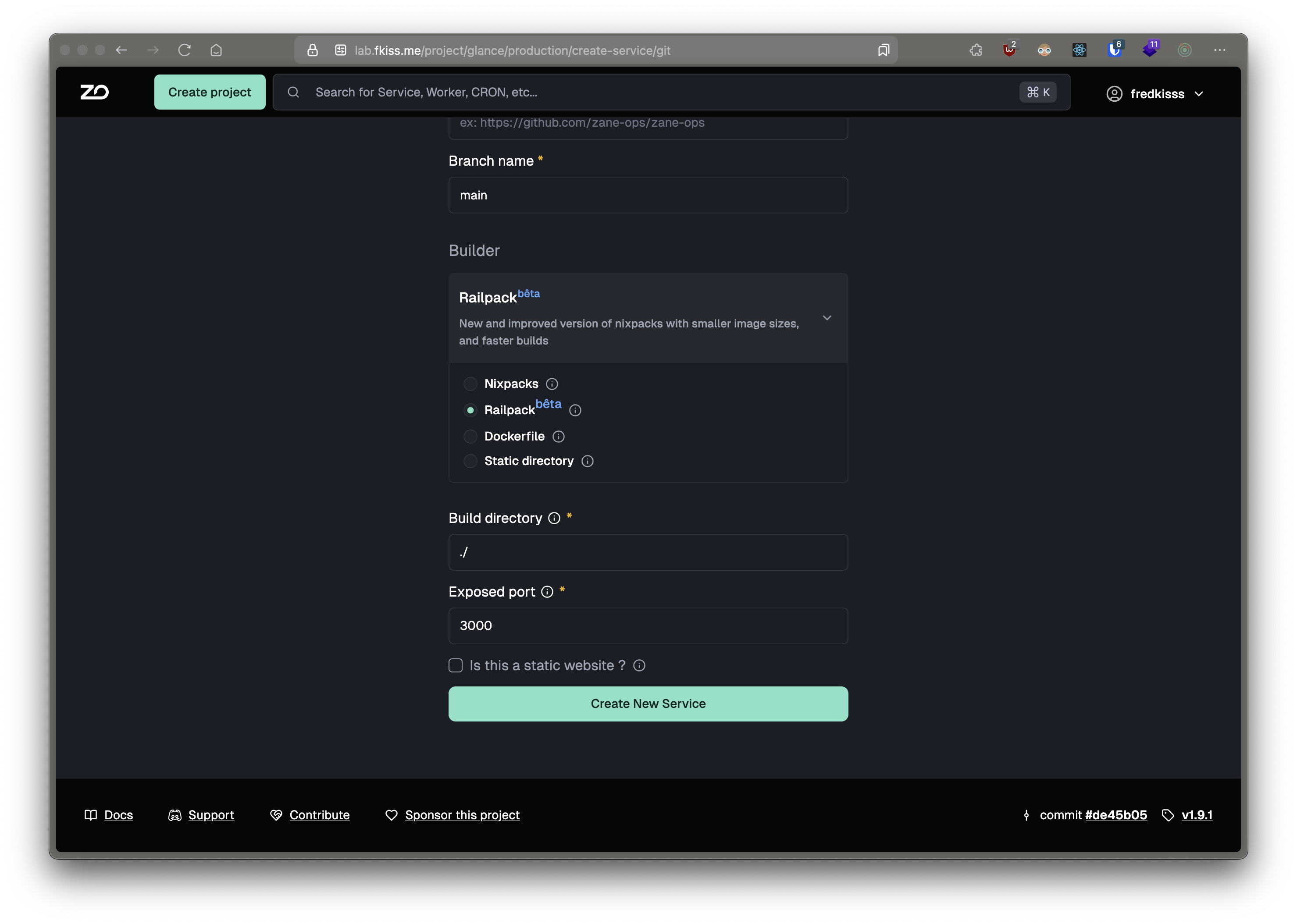 Create a service with Railpack builder