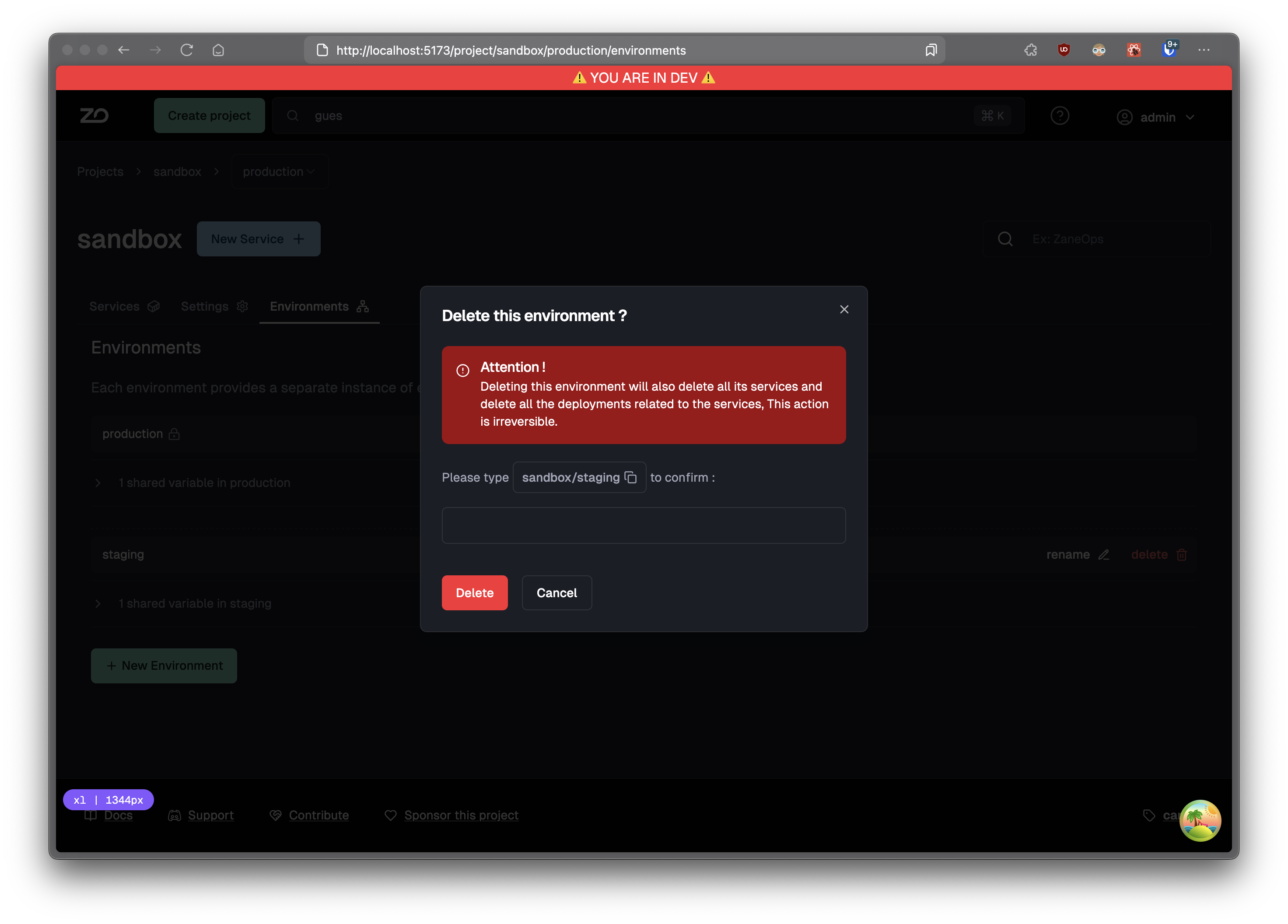 delete environment confirmation modal