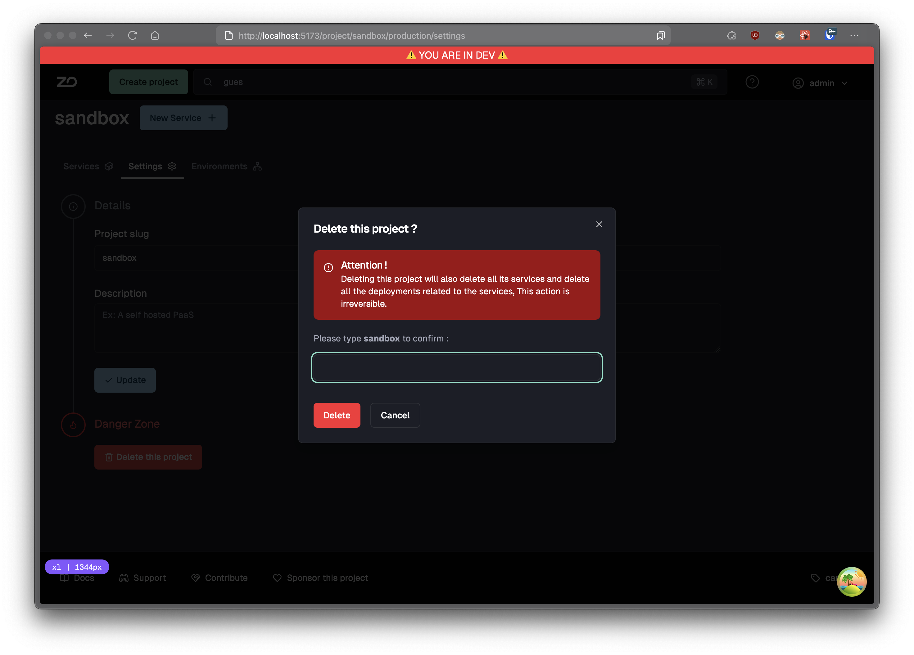 delete project confirmation modal