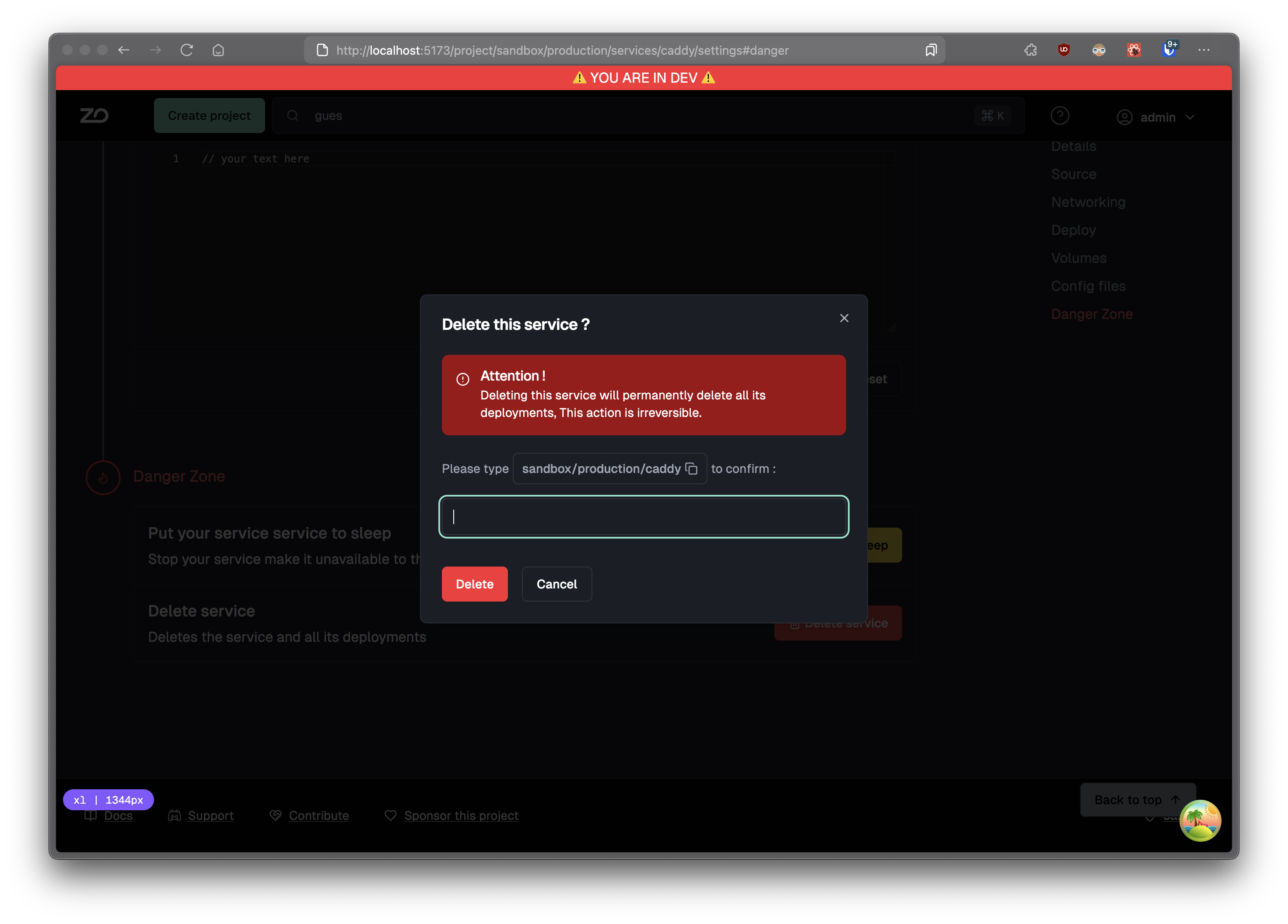 delete service confirmation modal