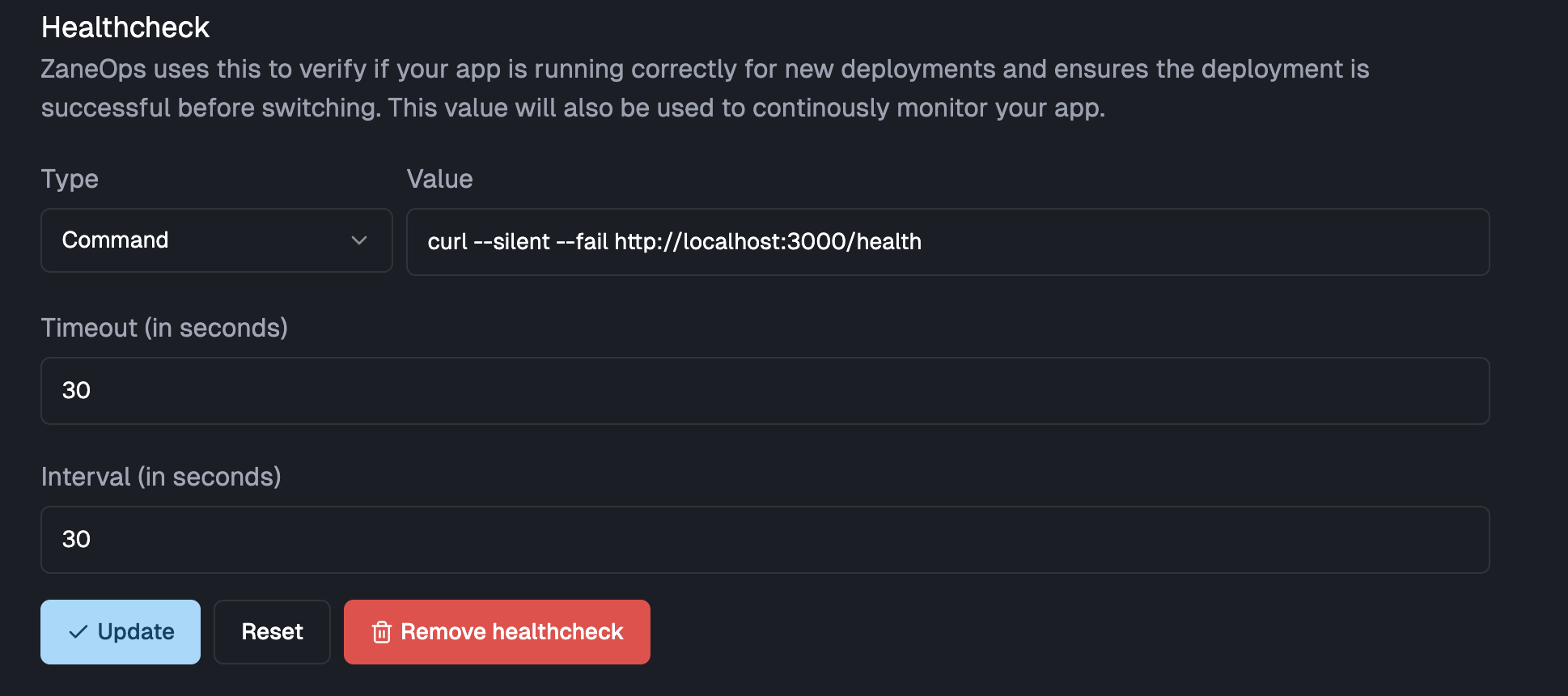 Service settings page - Healthcheck command section
