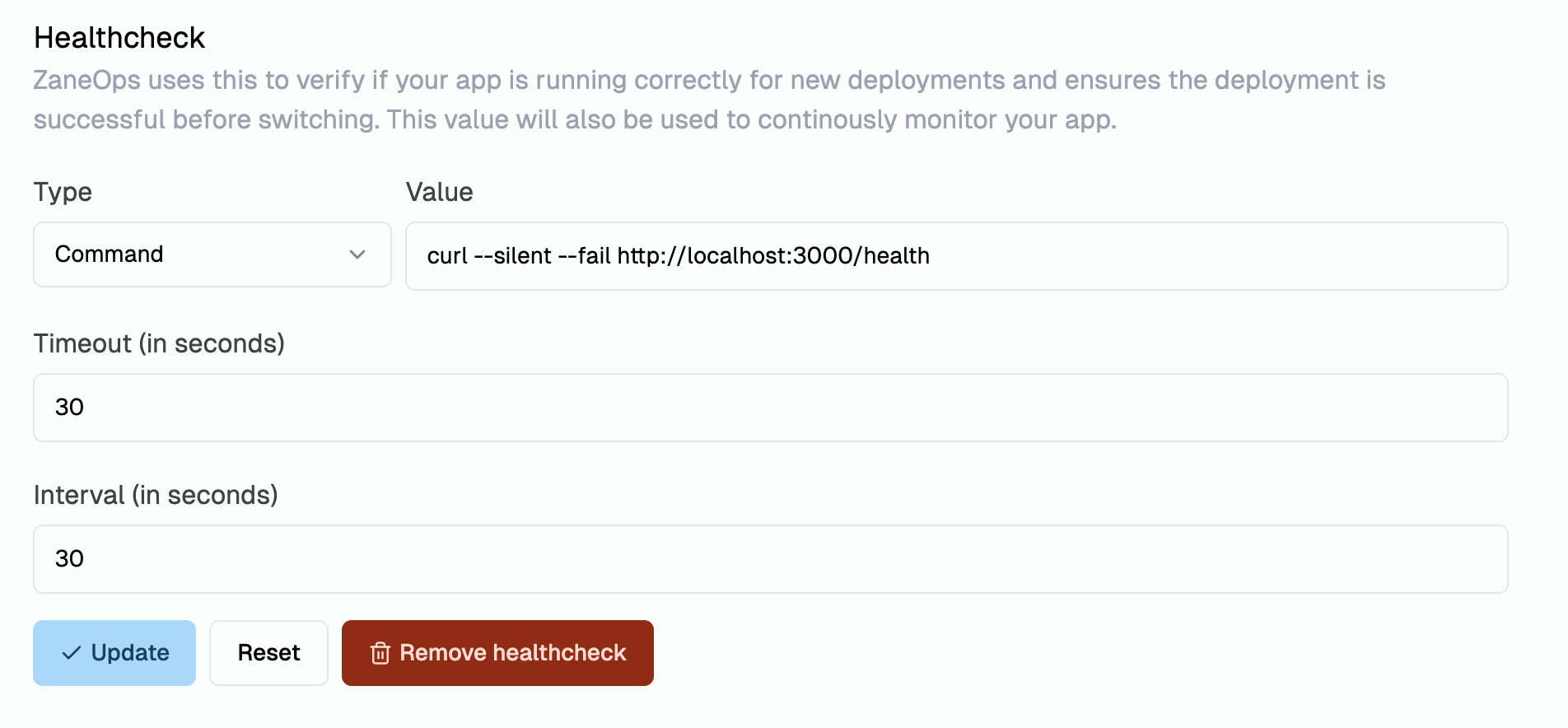 Service settings page - Healthcheck command section