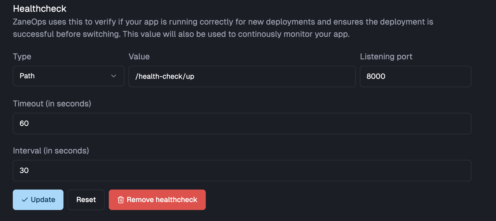 Service settings page - Healthcheck path section