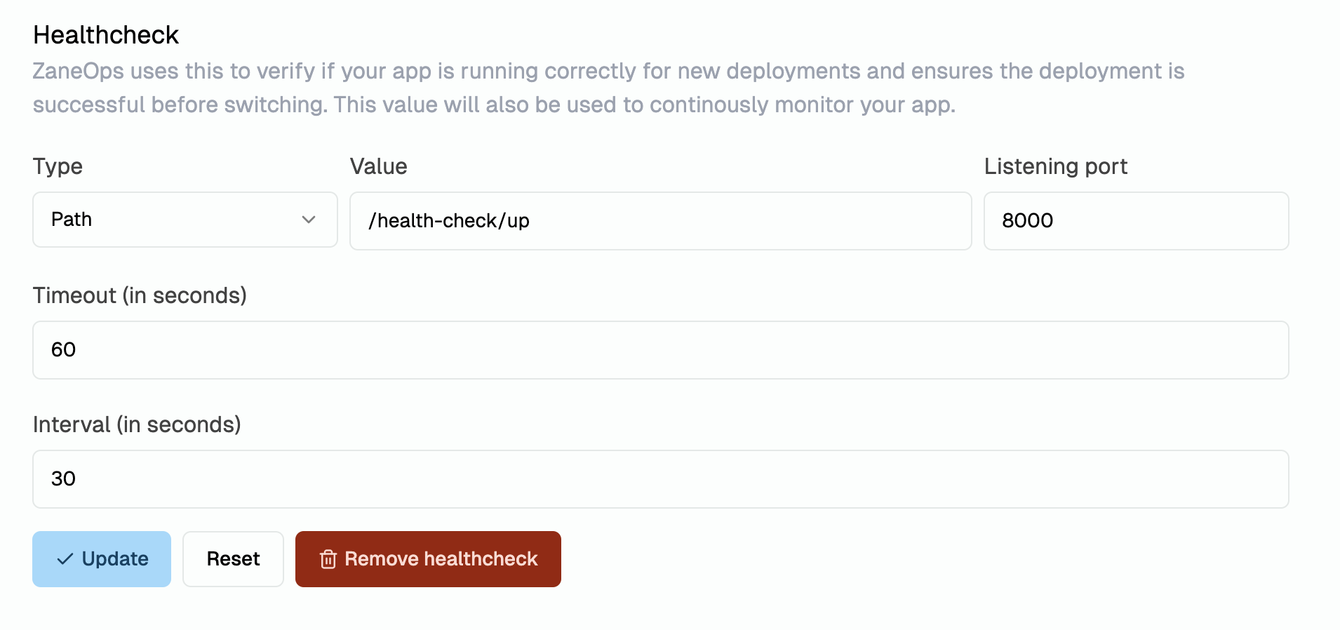 Service settings page - Healthcheck path section