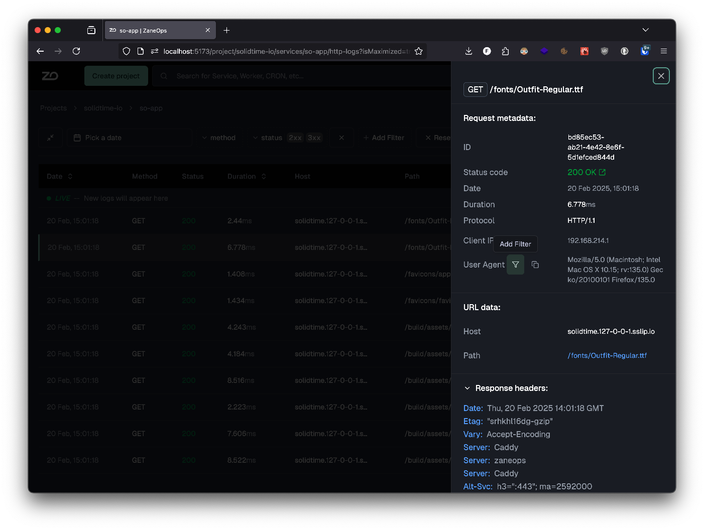 Service http logs page with a request