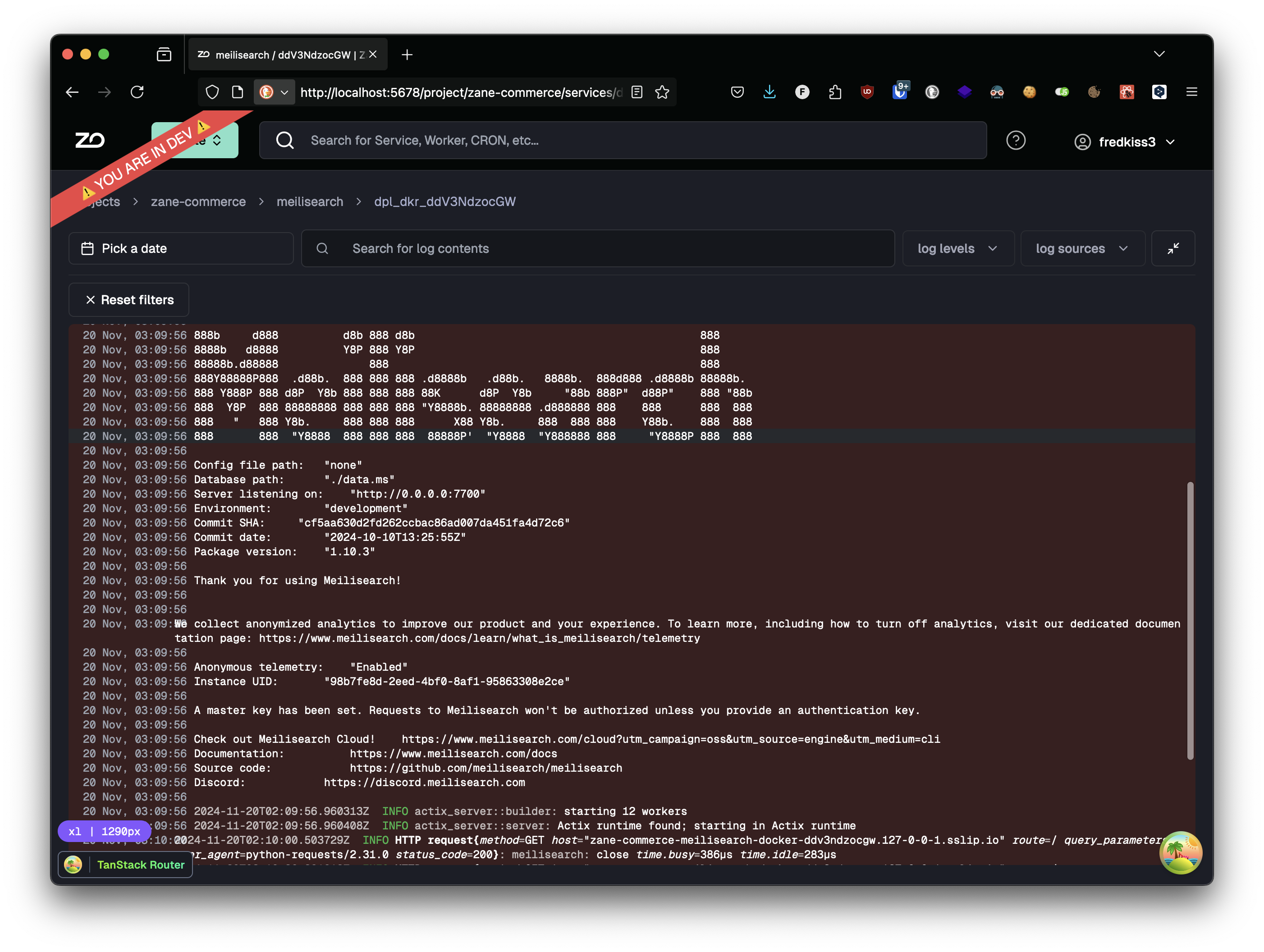 Service runtime logs page