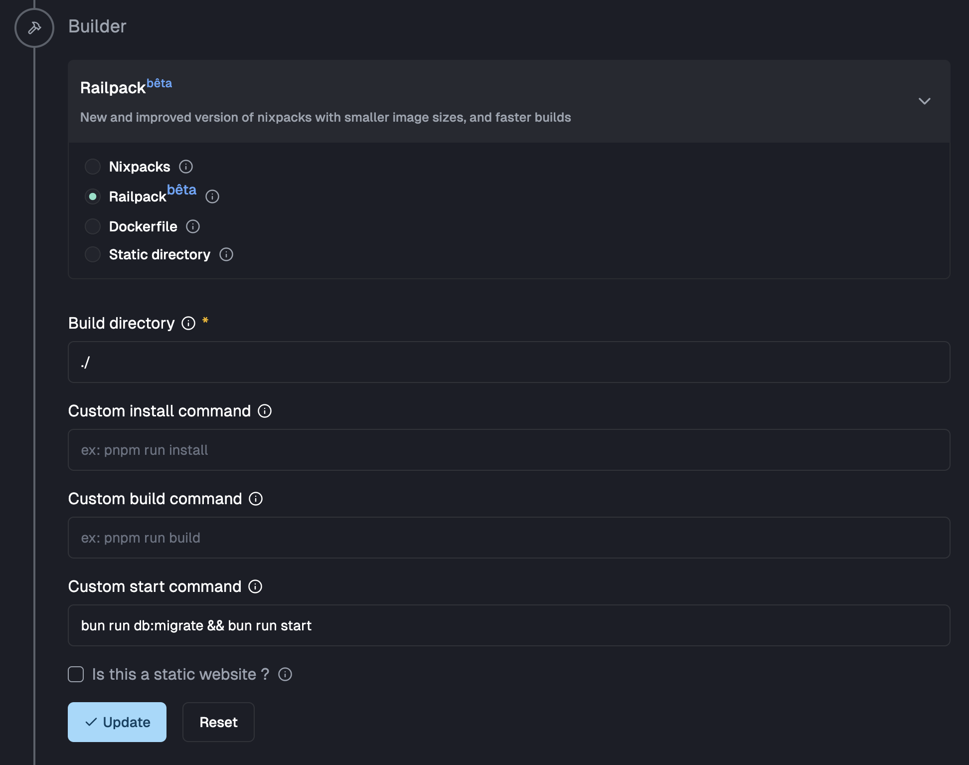 Railpack settings