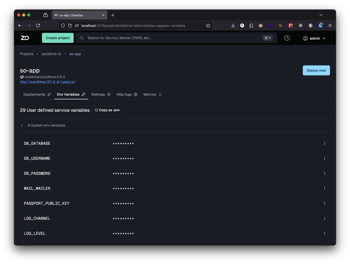 service environment variables page