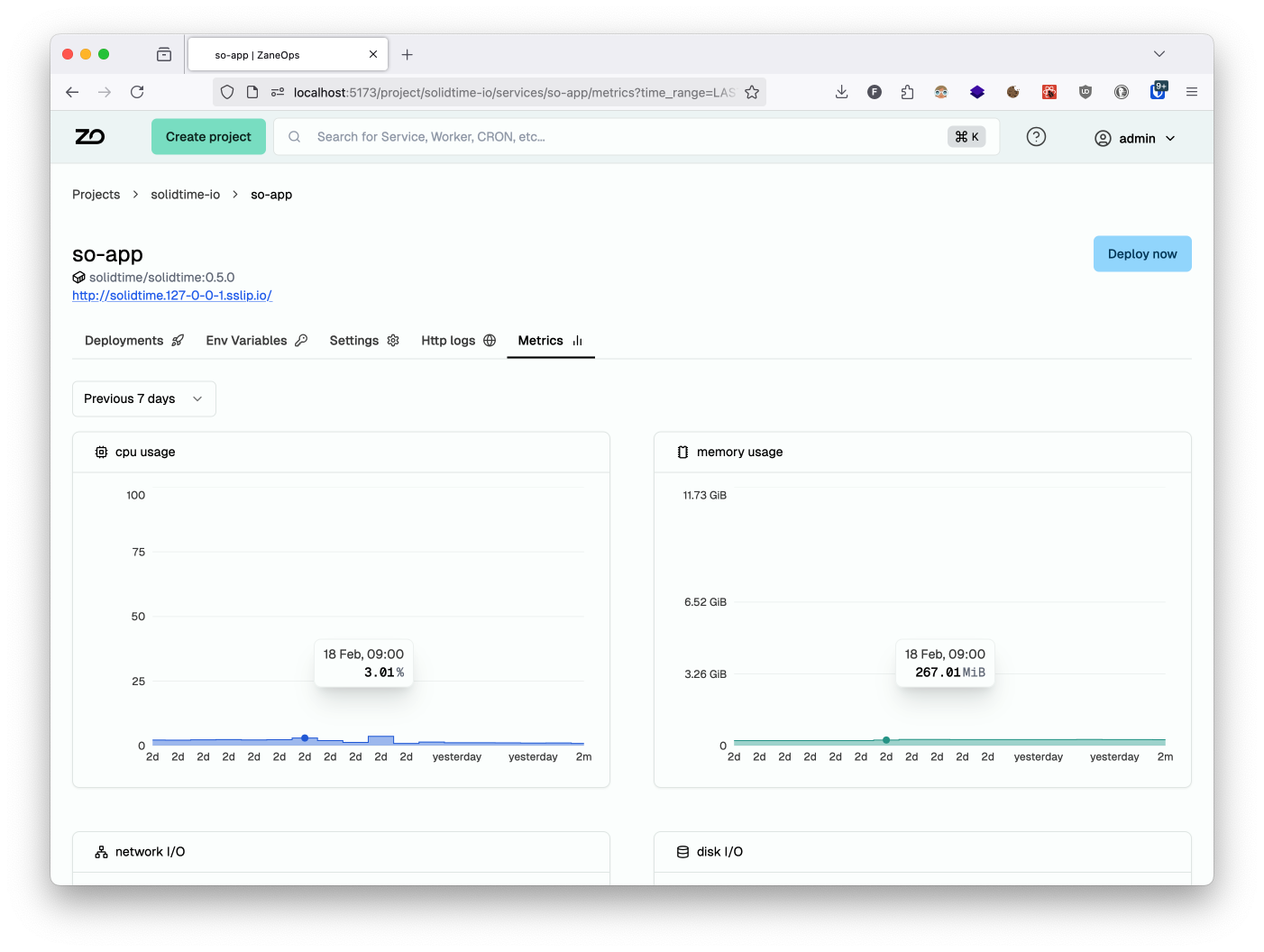 service metrics page showing CPU and memory usage