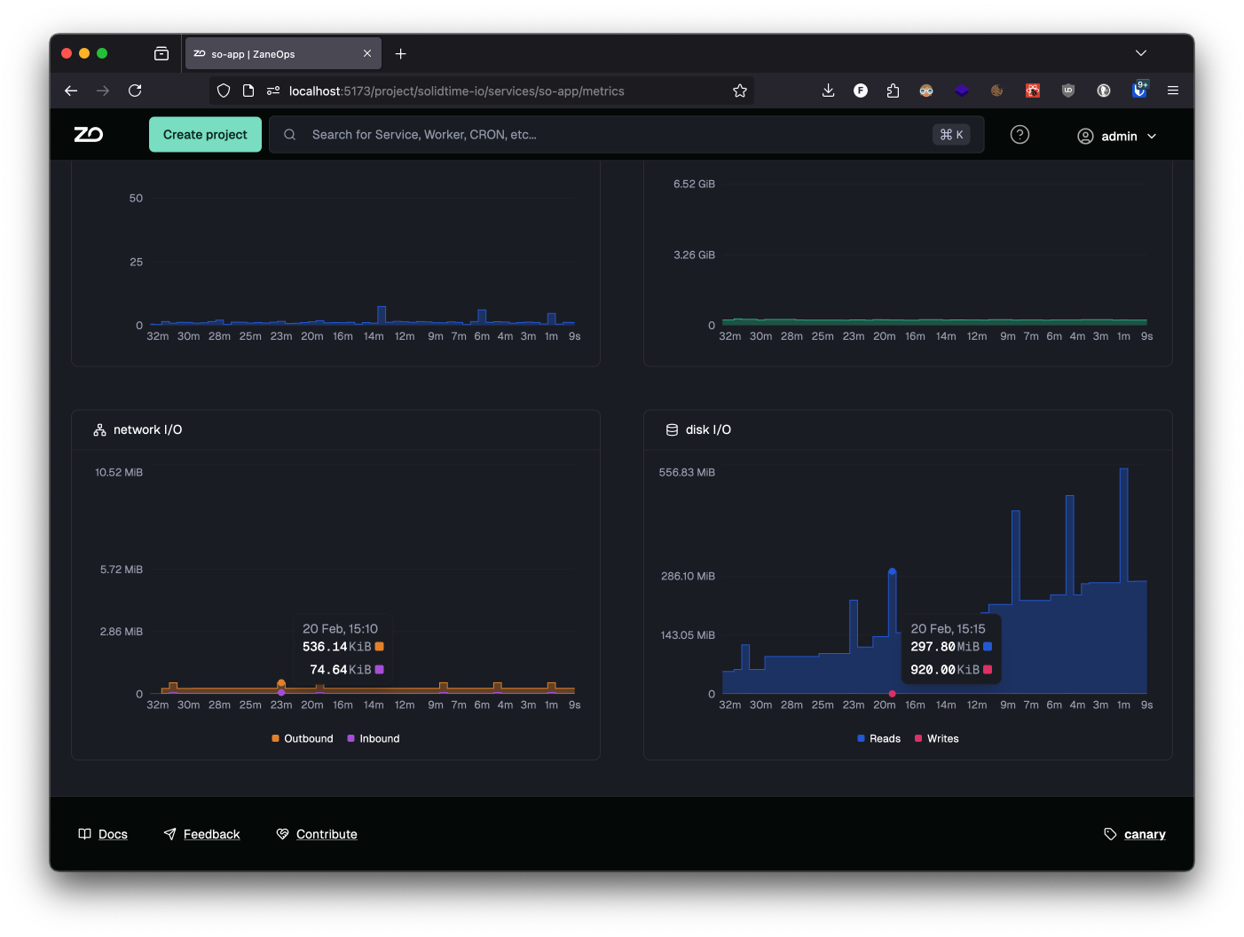 service metrics page showing network I/O and disk I/O