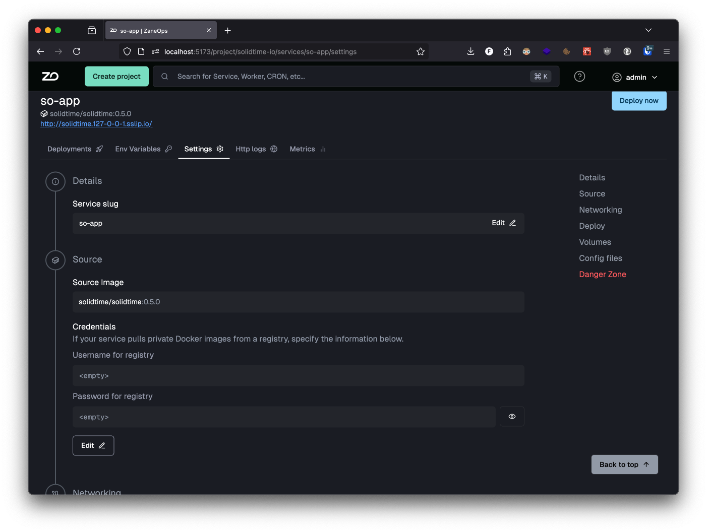 service settings page