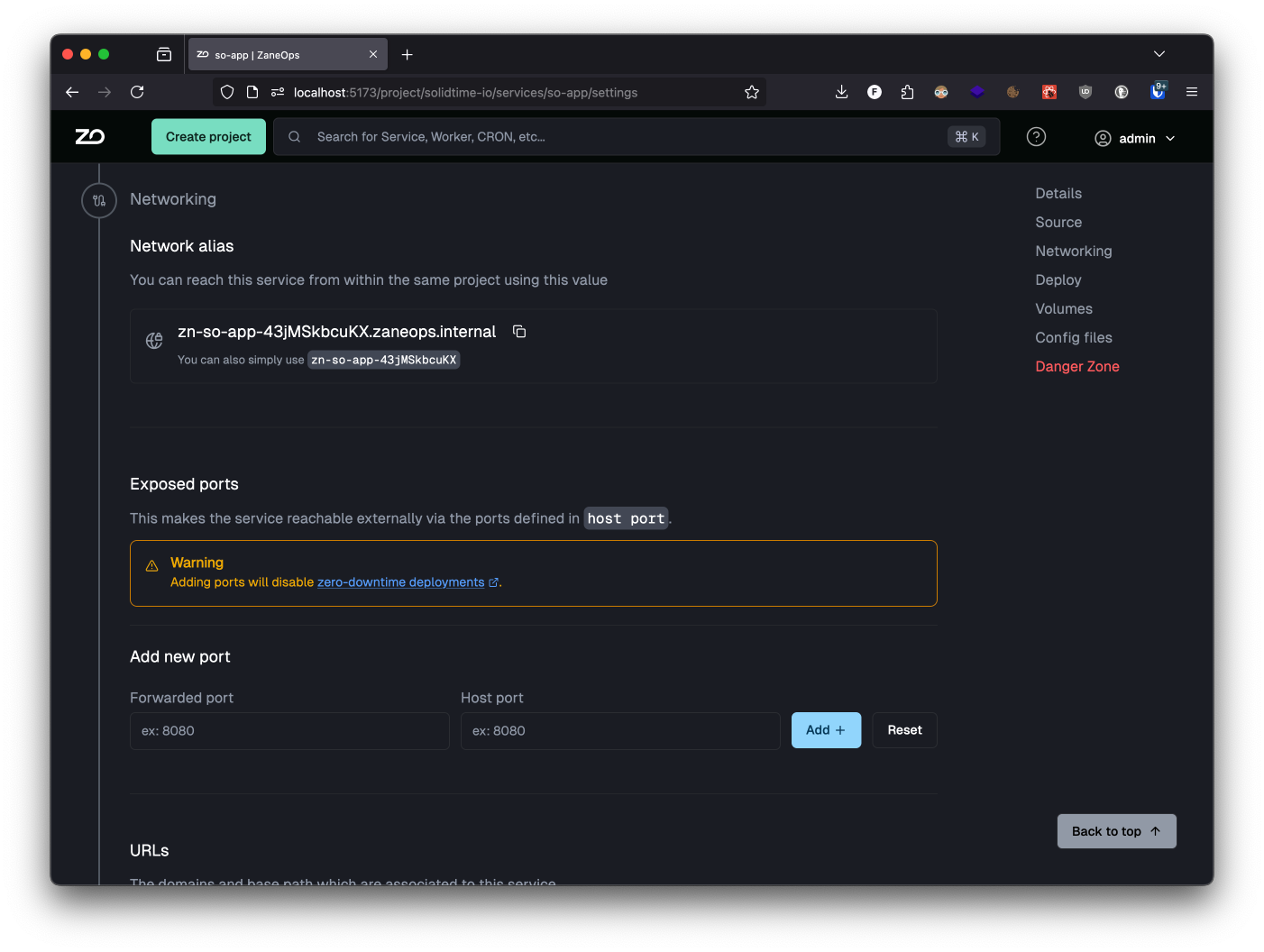 service settings page