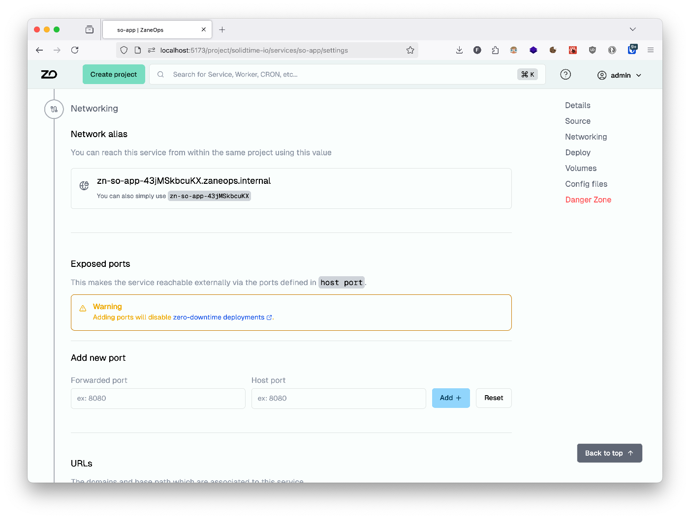 service settings page
