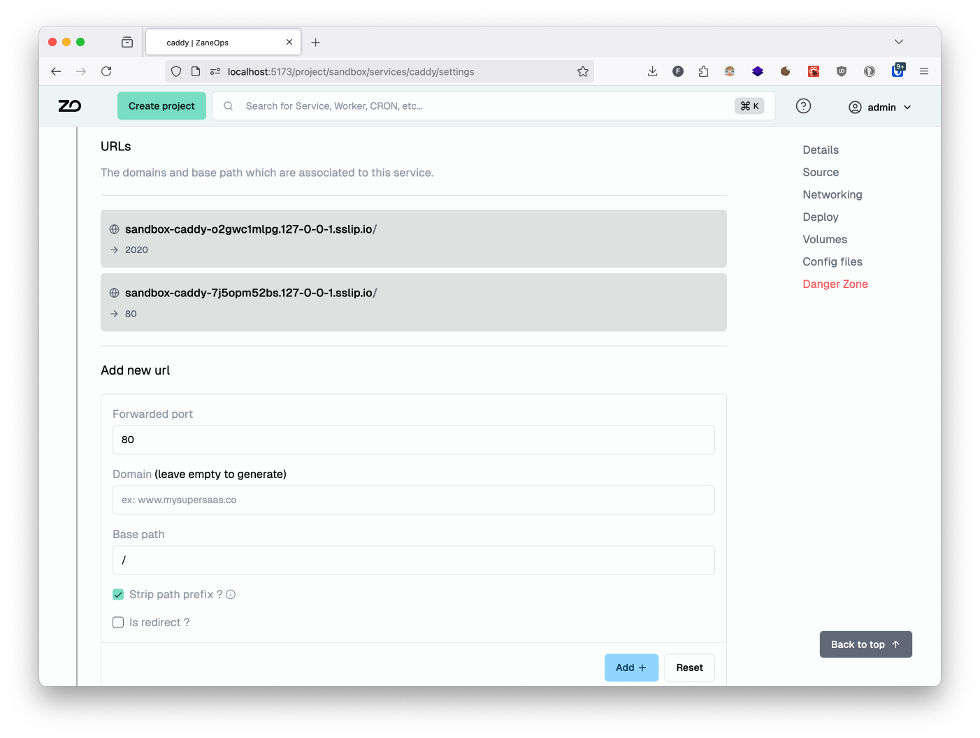 service settings page
