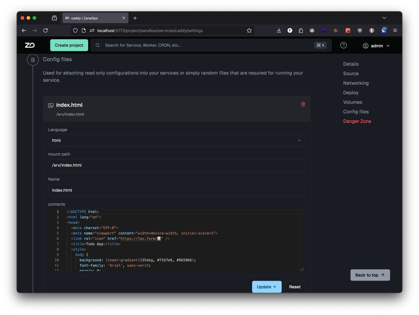 service settings page