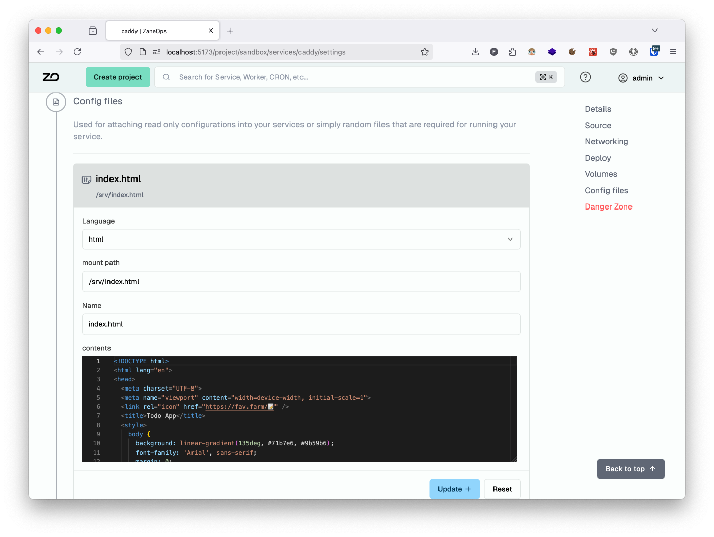 service settings page