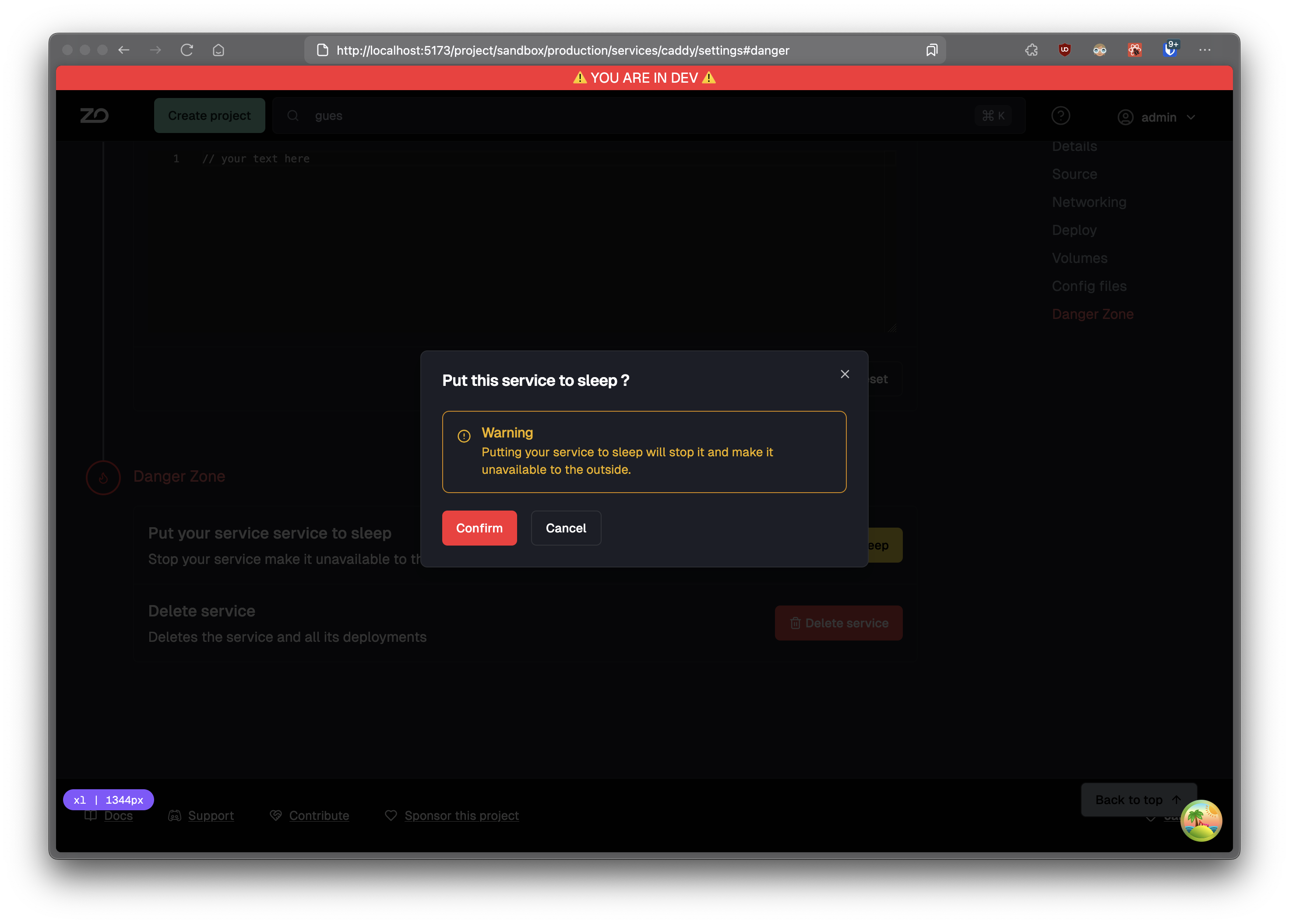 toggle sleep service confirmation modal