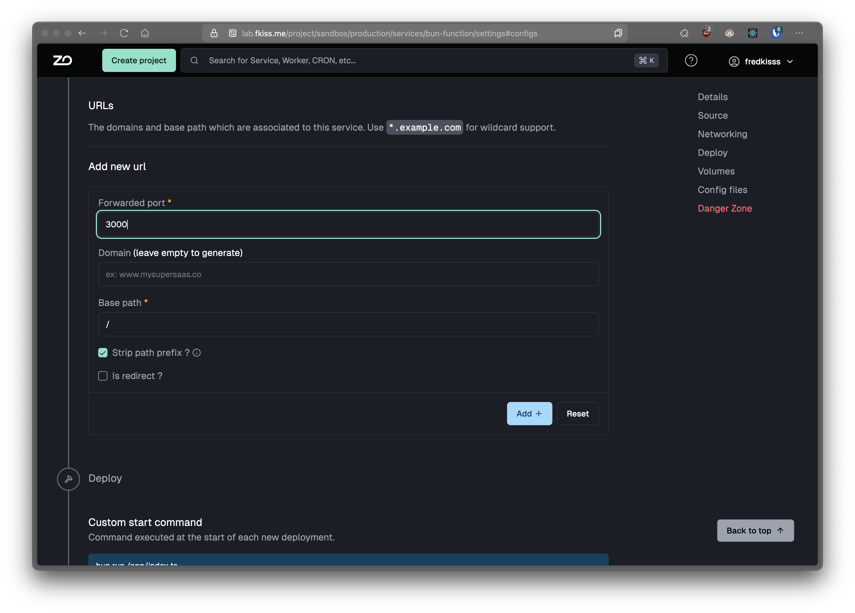Adding a URL to the service