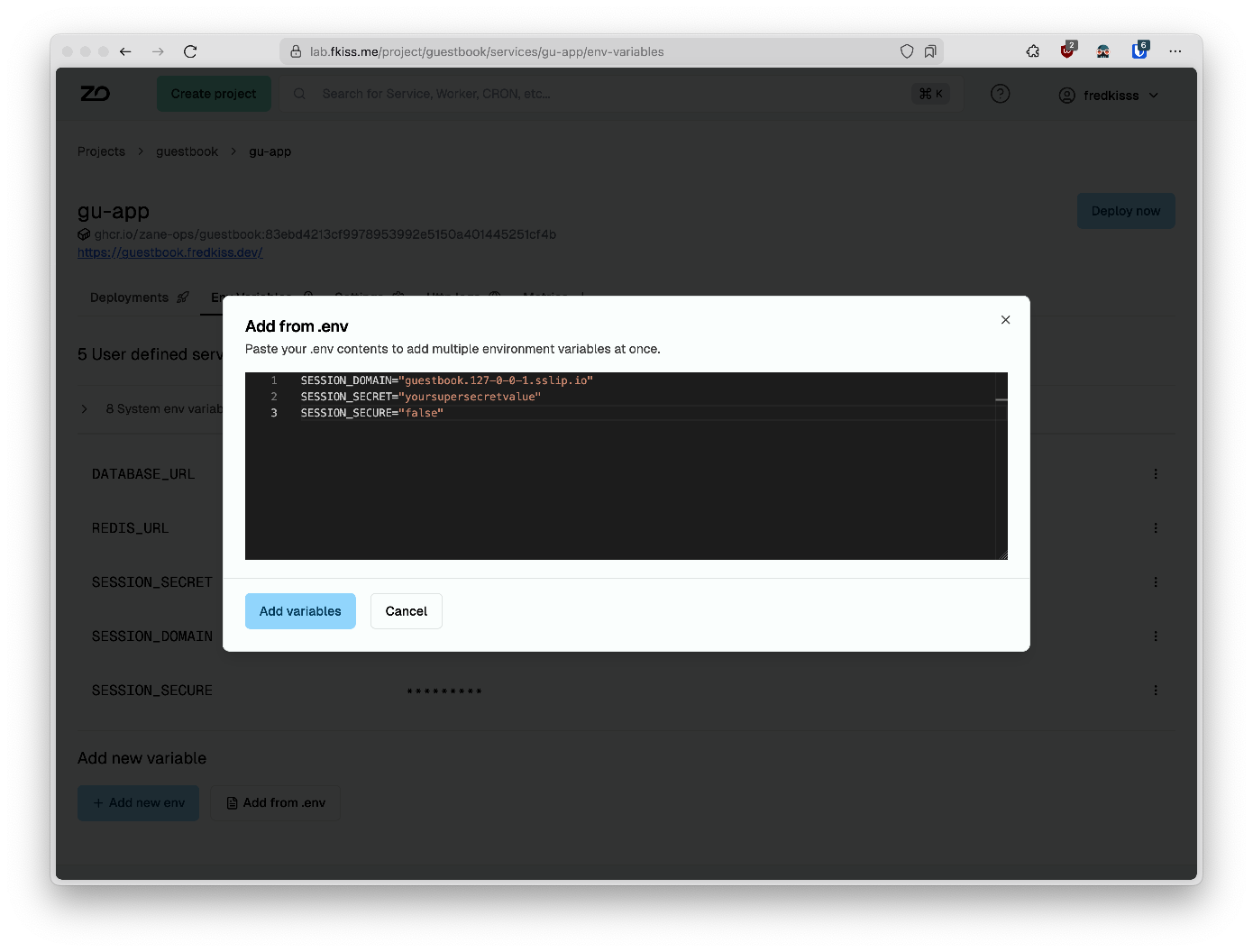 Adding authentication environment variables