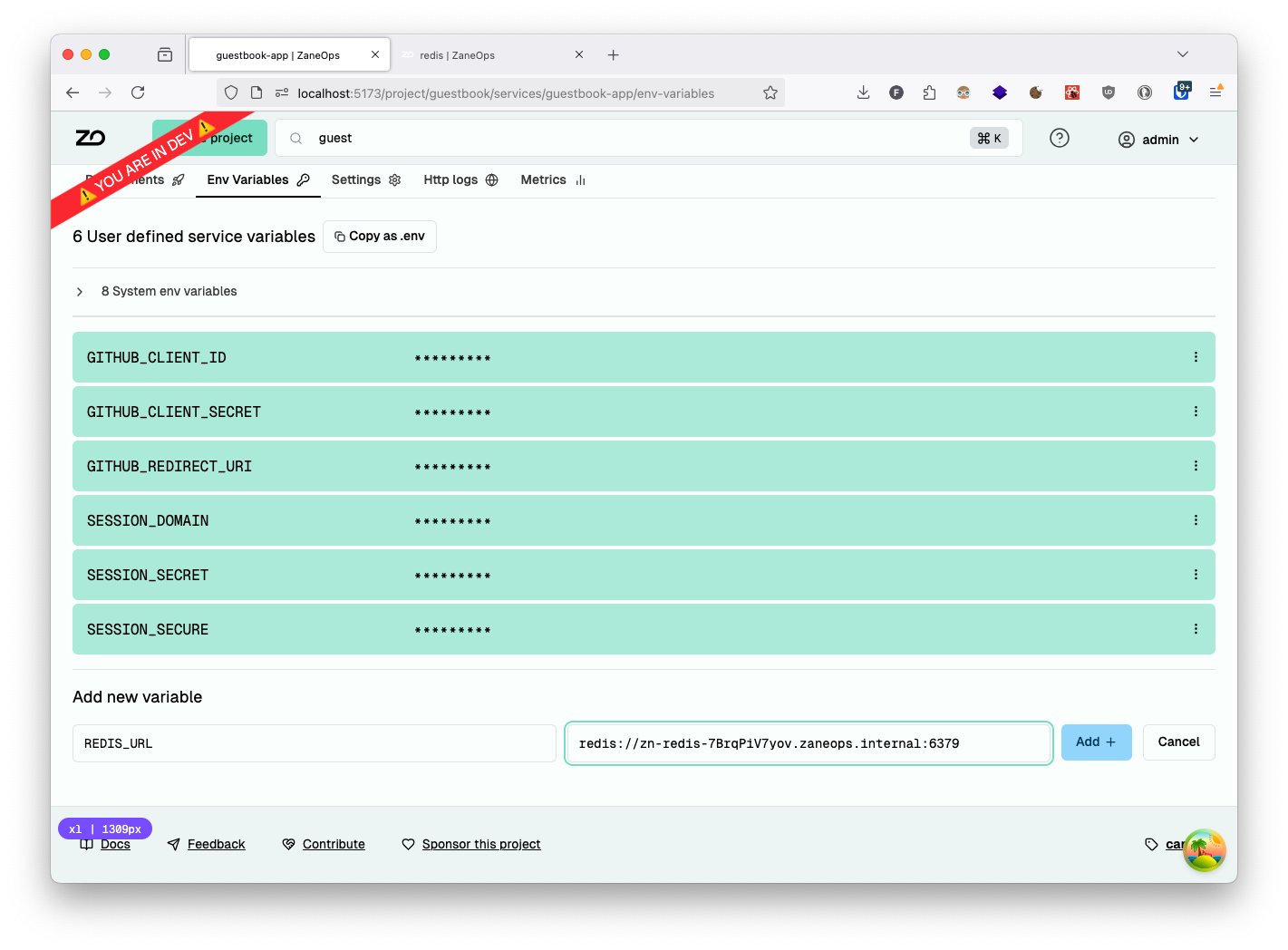 Adding Redis connection environment variable