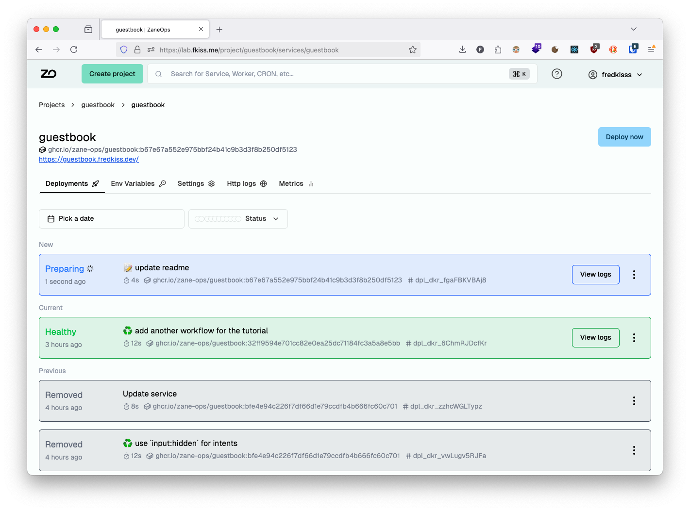 Service deployed via github